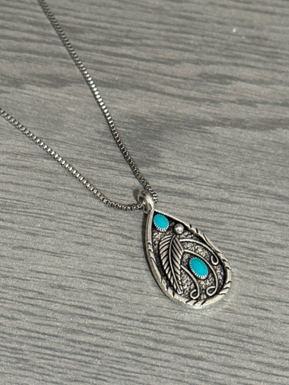 Silver Teardrop Pendant Necklace with Turquoise Accents